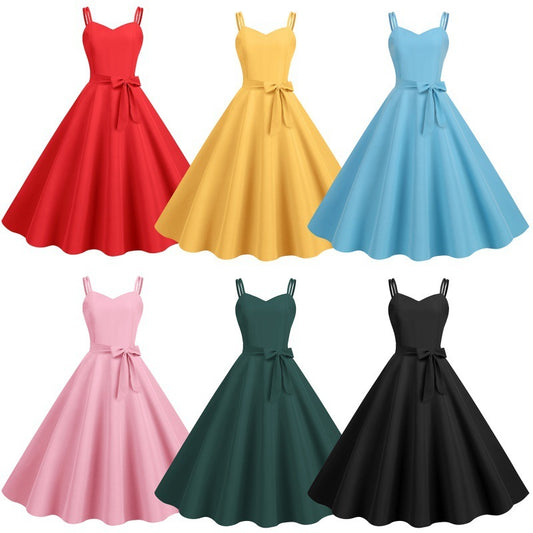 A collection of retro style sleeveless swing dresses in various colors including pink, dark green, sky blue, black, yellow, and red.